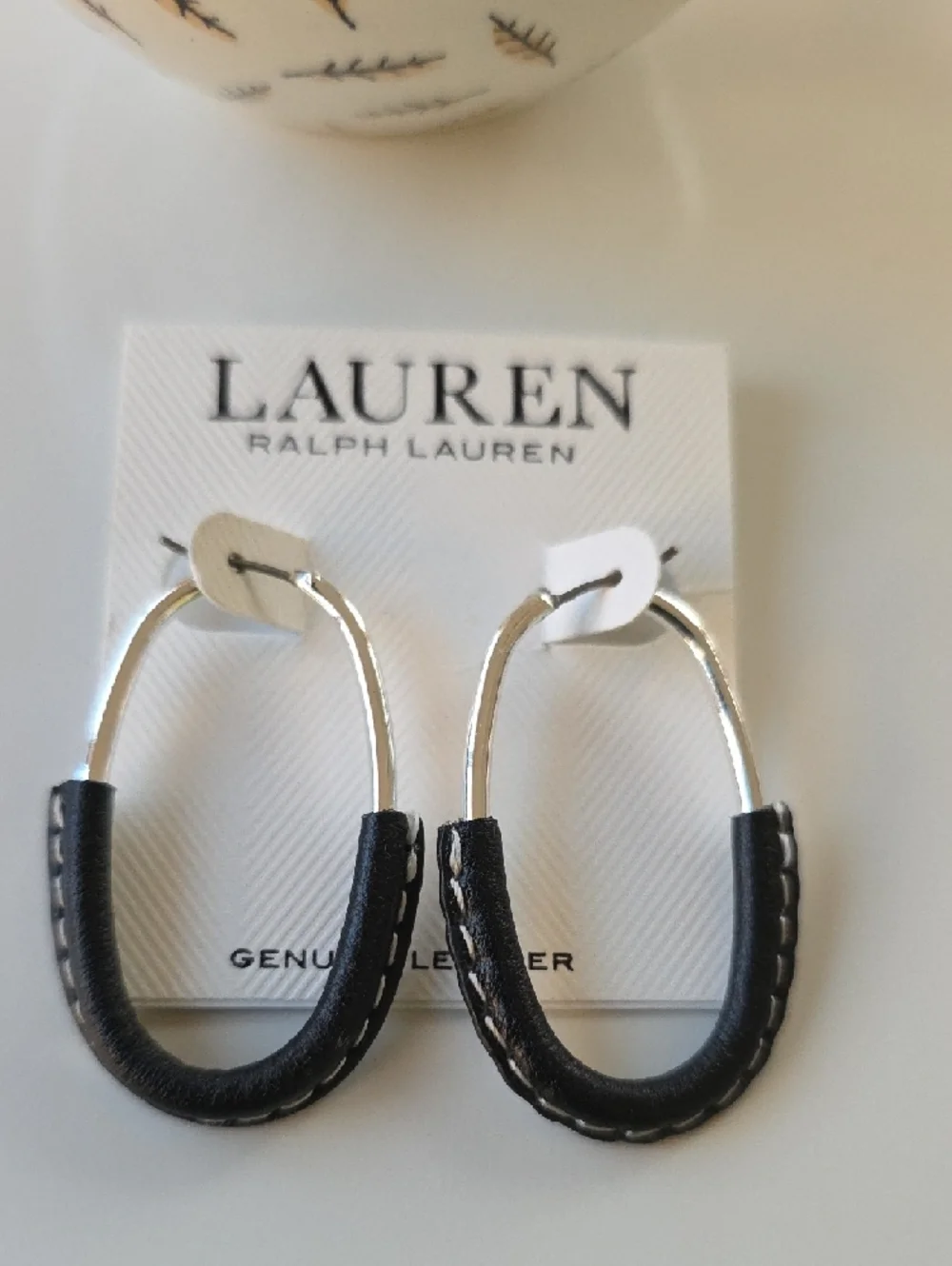 Lauren Ralph Lauren‎ Black and Silver Leather-Trim Hoop Earrings
